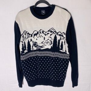 Vintage Dockers Black White Cotton Skiier Mountains Print Crew Neck Sweater M
